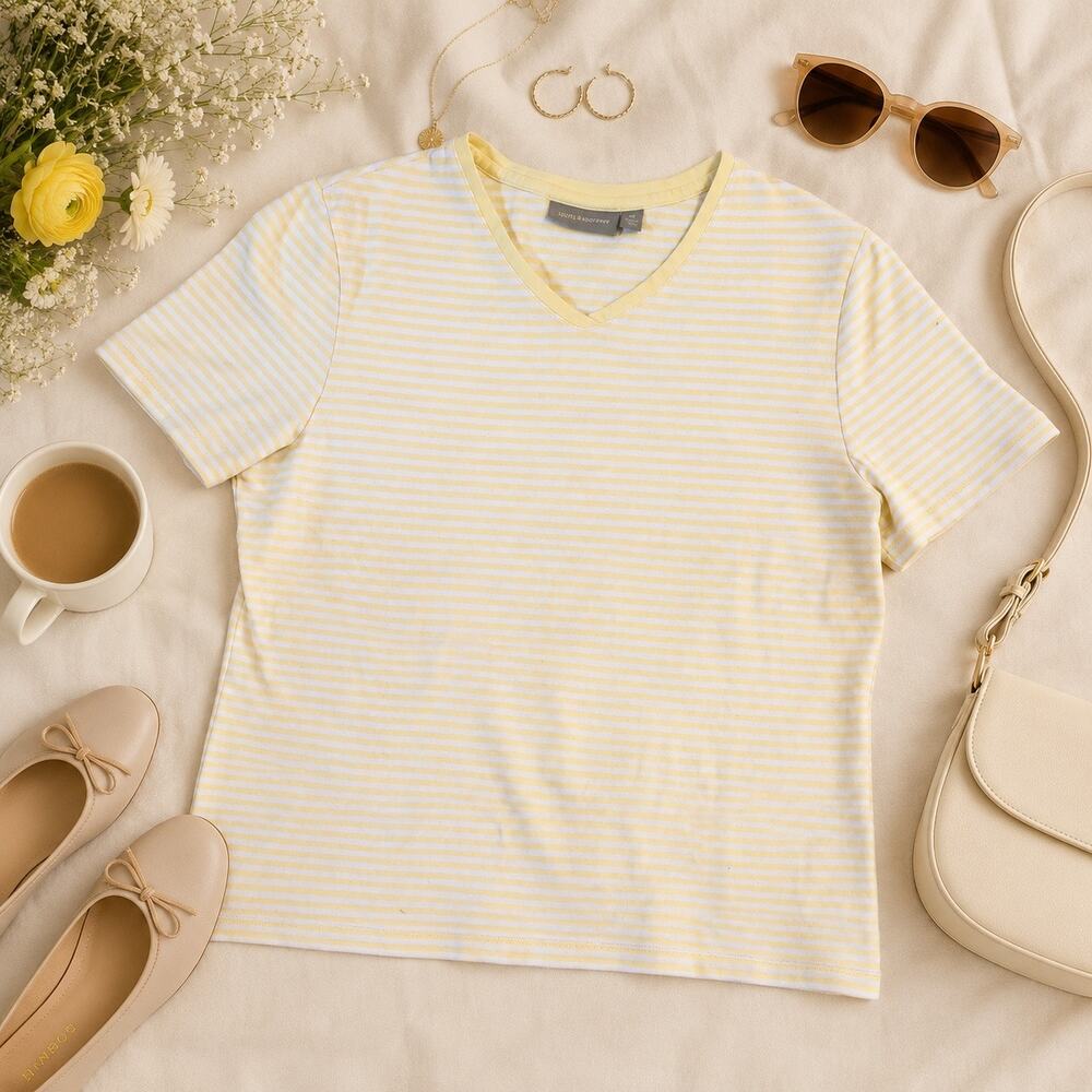 Croft & Barrow Yellow White Striped V-Neck Tee Size M